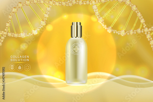 Beauty product ad design, gold cosmetic container with collagen solution advertising background ready to use, luxury skin care banner, illustration vector.
