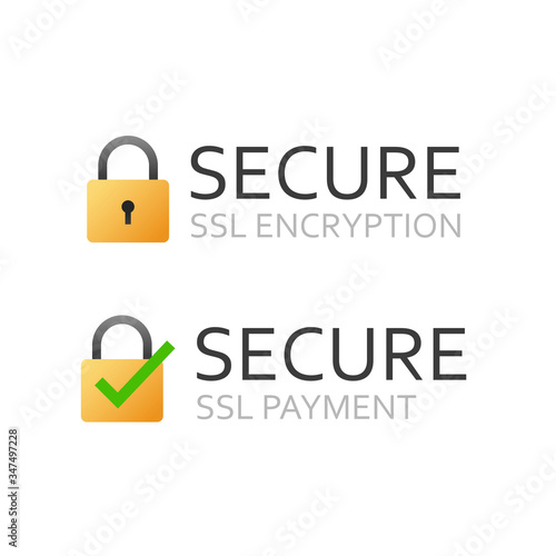 SSL secure certificate icon or safe encrypted payment vector symbol flat cartoon, illustrated ssl encryption text with lock data protection as https technology sign with tick or check mark design