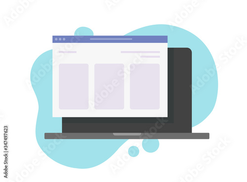 Website in browser window on laptop computer or web site page layout on pc screen vector flat cartoon, illustrated internet webpage frame isolated modern design
