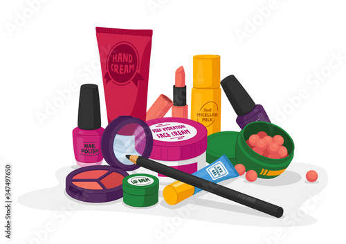Female Cosmetics Nail Polish, Hand Cream and Lip Balm, Deep Hydration Face Cream, Eye Hydro Gel and Lipstick, Mascara, Powder, Micellar Milk. Eye Shadow Palette Cosmetic. Cartoon Vector Illustration