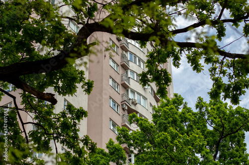 tall apartment building among trees and the leaves