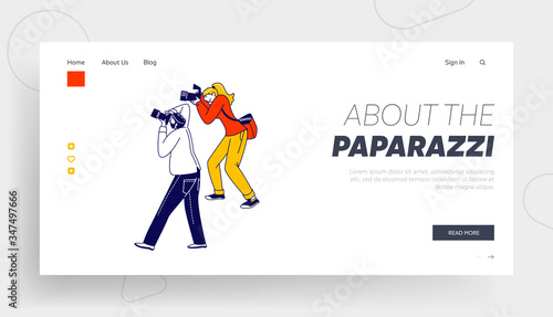 Fame and Scandal Landing Page Template. Photographers Shoot on Cinema Award Ceremony. Paparazzi Characters Waiting Celebrity or Show Business Stars Appearance. Linear People Vector Illustration