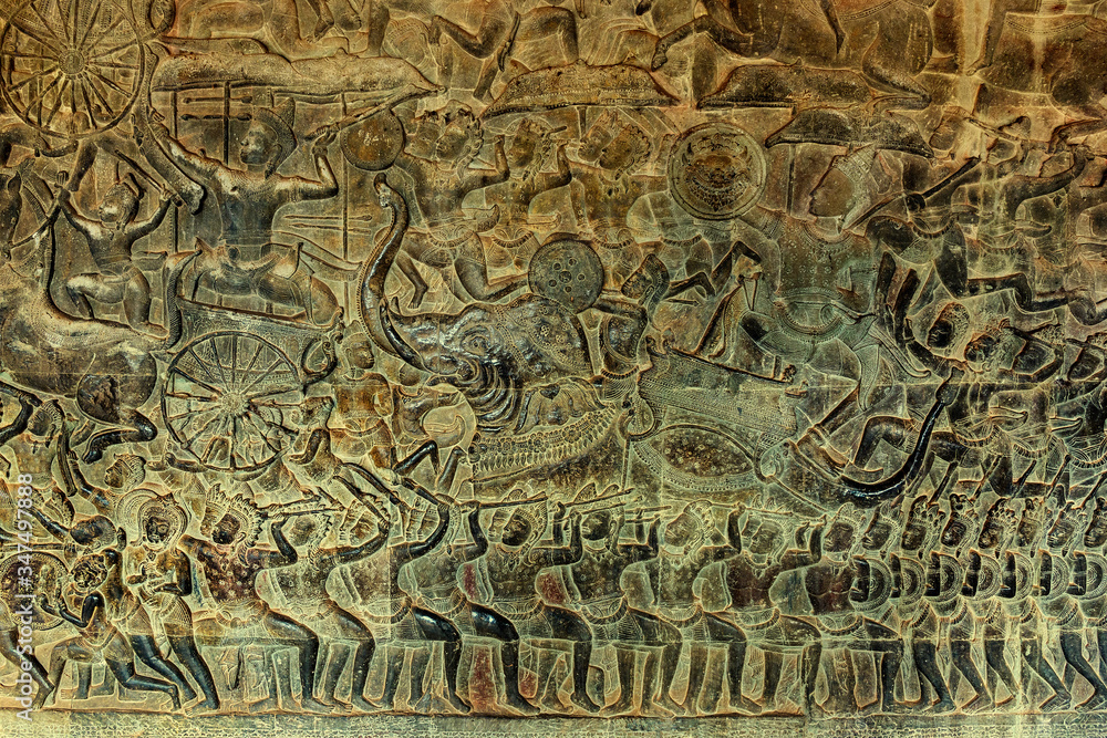 Bas-relief stone carving in Cambodia