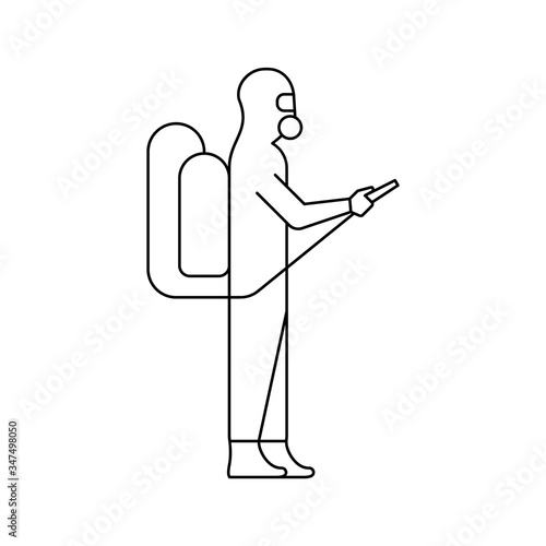 Man in protective suit doing disinfection. Disinfector cleaning coronavirus contamination. Worker wearing gas mask during epidemic. Black line icon on white background. Vector illustration, clip art. 