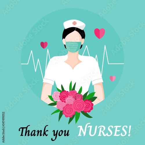 International nurses day, may12th, nurse, mask and flower bouquet with thank you!word