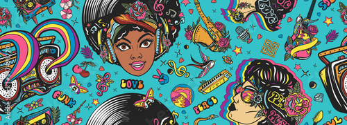 Funk and soul music. Seamless pattern. Lifestyle musical background. African American funky woman. Fashion hippie girl, audio type, saxophone, guitar and rainbow boom box. Old school tattoo style