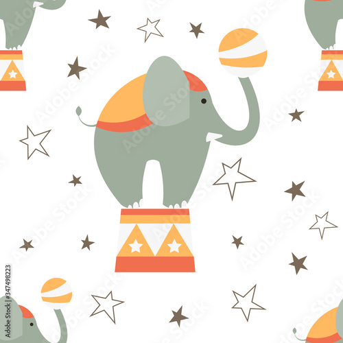 Circus Seamless pattern - Cartoon Circus Animals - Big Elephant. Amusement background. Vector Illustration. Print for Wallpaper, Baby Clothes, Wrapping Paper. Don't contain clipping mask and gradient.