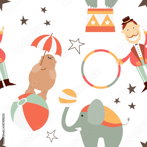 Circus Seamless pattern - Cartoon Circus Animals, Funny Tamer. Amusement background. Vector Illustration. Print for Wallpaper, Baby Clothes, Wrapping Paper. Don't contain clipping mask and gradient.