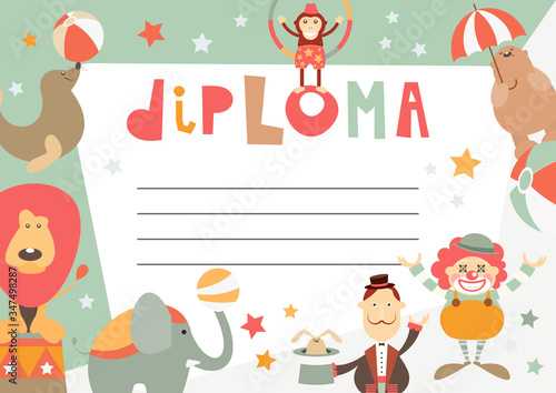 Certificate Kids Diploma. Circus Theme - Cartoon Circus Characters  and Objects. Vector Illustration. Kids Education.