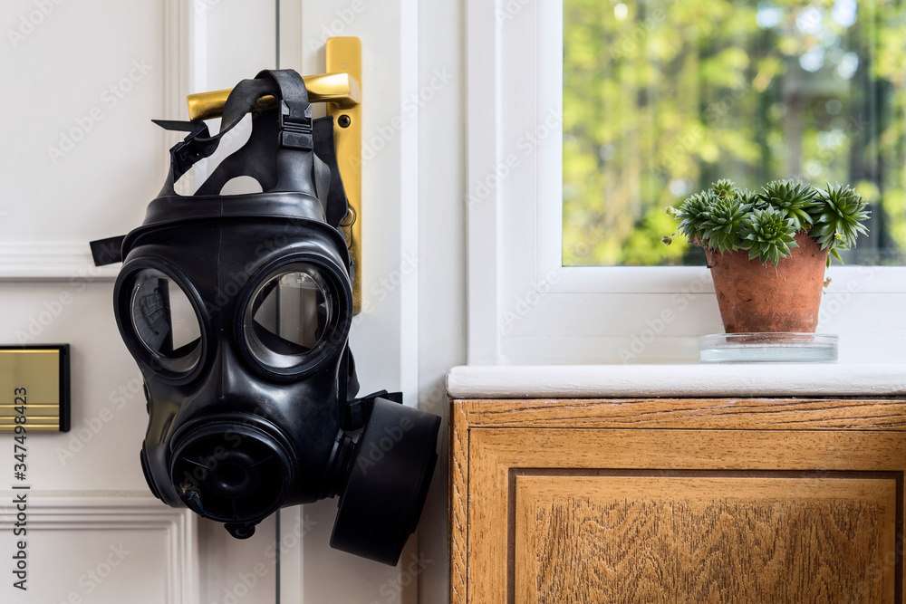SAS gas mask hanging off the entry door handle. Home isolation. Stock Photo  | Adobe Stock