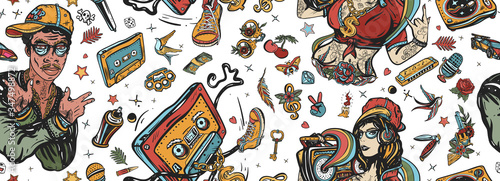 Rap music seamless pattern. Old school tattoo style. Hip hop girl, swag woman. African American man rapper. Audio cassette, break dance art. Street ghetto lifestyle. Pop culture musical background