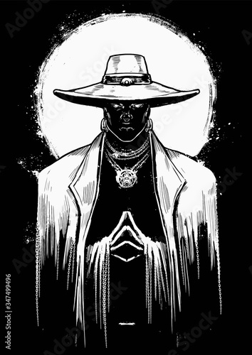 A powerful male sorcerer in a white suit and hat stands with his hands clasped at his chest, his eyes shining in the dark, the bright white sun behind him . 2D illustration