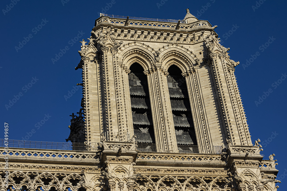 Architectural fragments of the portal of the Cathedral of Notre Dame de Paris - famous Gothic, Roman Catholic cathedral. Cite Island, Paris, France.