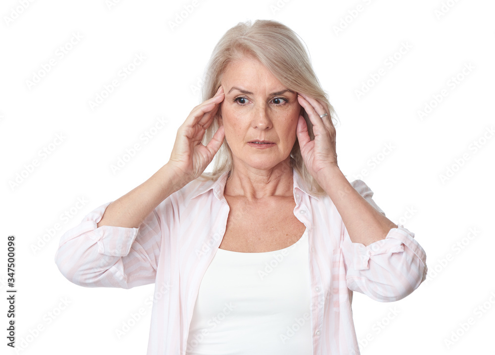 Pensive senior blonde woman isolated on white background Pensive senior blonde woman isolated on white background