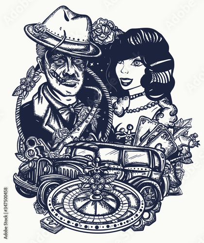 Criminal love story. Mafia boss and noir woman. Gangster lifestyle. Crime man smokes cigar, beautiful girl, gangster car, casino roulette, weapons, playing cards. Old cinema, detective movie concept