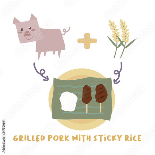 Vector illustration of Grilled pork with sticky rice recipe or ingredient. Cute pig cartoon character and sticky rice. photo