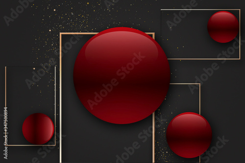 Красные геометрические фигуры шары и Золотые рамки и блестки на темном фоне. Креативная 3д иллюстрация.