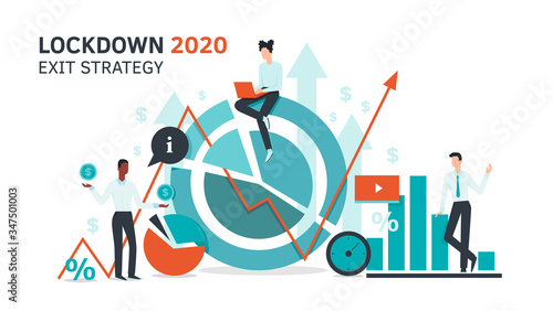 Lockdown exit strategy. Quarantine, lifting lockdown plan. Vector flat style illustration. Coronavirus, Covid, economy. Infographic diagram. Expert. stock market.