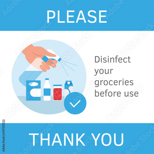 Wash, clean, disinfect purchase. Hand holding spray with disinfectant and spay to grocery. Vector illustration flat style design. Coronavirus prevention rules, advice. Banner sign store, supermarket