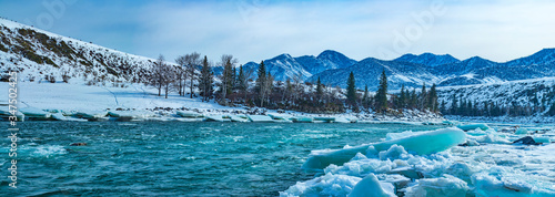 Altai Katun river winter. Panorama big size