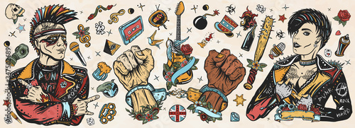 Punk music. Old school tattoo vector collection. Punker with mohawk hairstyle, rock woman, guitarist girl. Hooligans lifestyle. Electric guitar. Anarchy art. Traditional tattooing style
