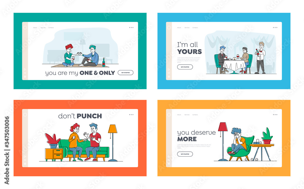 Loving Couple Characters Relations Landing Page Template Set. Romantic ...