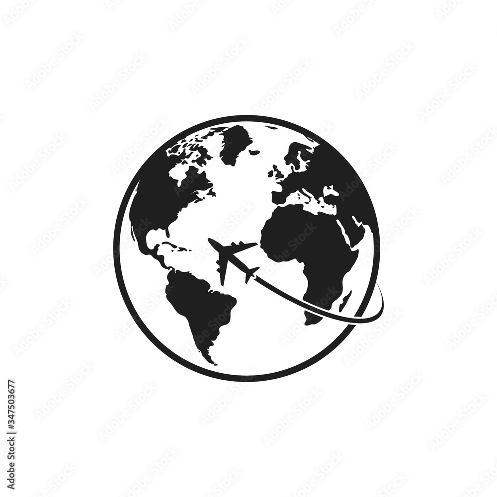 Plane flying around planet Earth. Silhouette plane. Vector illustration. Flat design. Plane flying around planet Earth. Silhouette plane. Vector illustration. Flat design.
