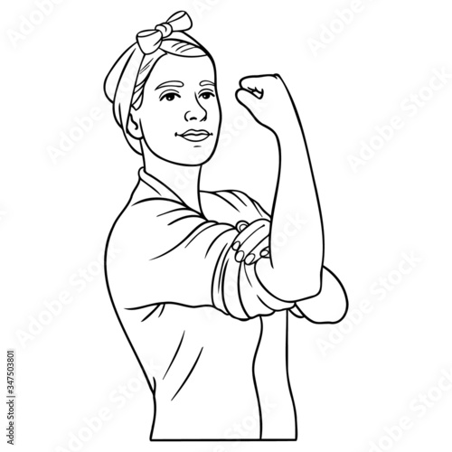 Hand drawn vector illustration of a housewife rolling up her sleeves and clenching a fist. monochrome, comic, departure.