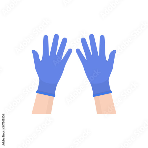 Hands in blue gloves. Protective rubber blue gloves. Protective latex blue gloves. Vector illustration. Flat design. Isolated.