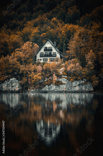 A house cabin on the lake Bohinj in autumn vibes with reflections and trees