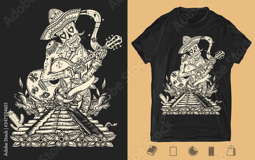 Mariachi skeleton wearing sombrero and playing guitar. Mesoamerican mythology. One color creative print for dark clothes. T-shirt design. Template for posters, textiles, apparels