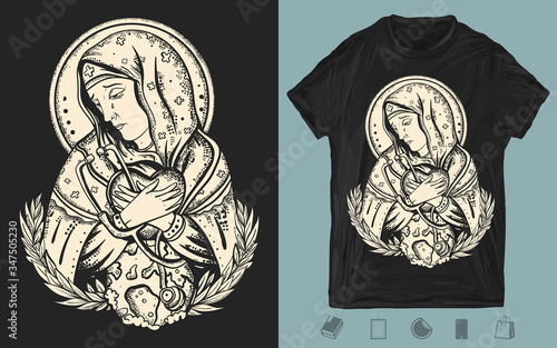 Coronavirus art. Doctor Virgin Mary prays for the addition of the epidemic. One color creative print for dark clothes. T-shirt design. Template for posters, textiles, apparels