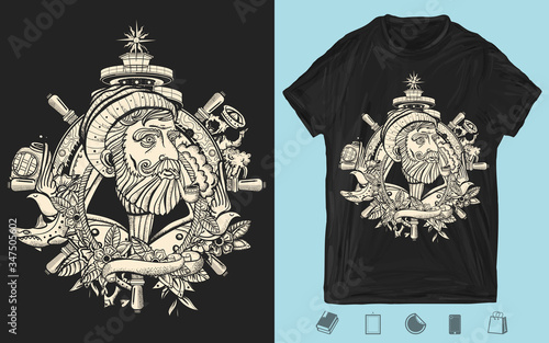 Old captain smokes a pipe. Bearded seaman portrait. One color creative print for dark clothes. T-shirt design. Template for posters, textiles, apparels. Sea travel concept