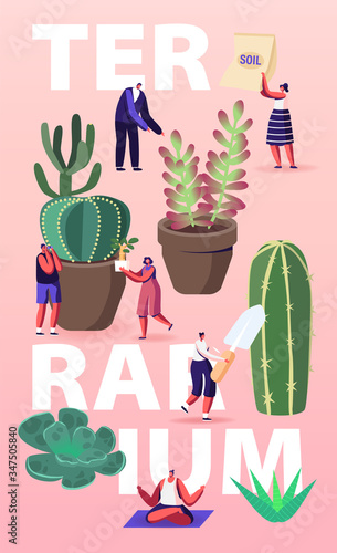 Growing Plants in Terrarium Concept. Tiny Male and Female Characters Grow Cacti and Succulents in Pots at Home, Gardening, Planting Hobby Poster Banner Flyer. Cartoon People Vector Illustration