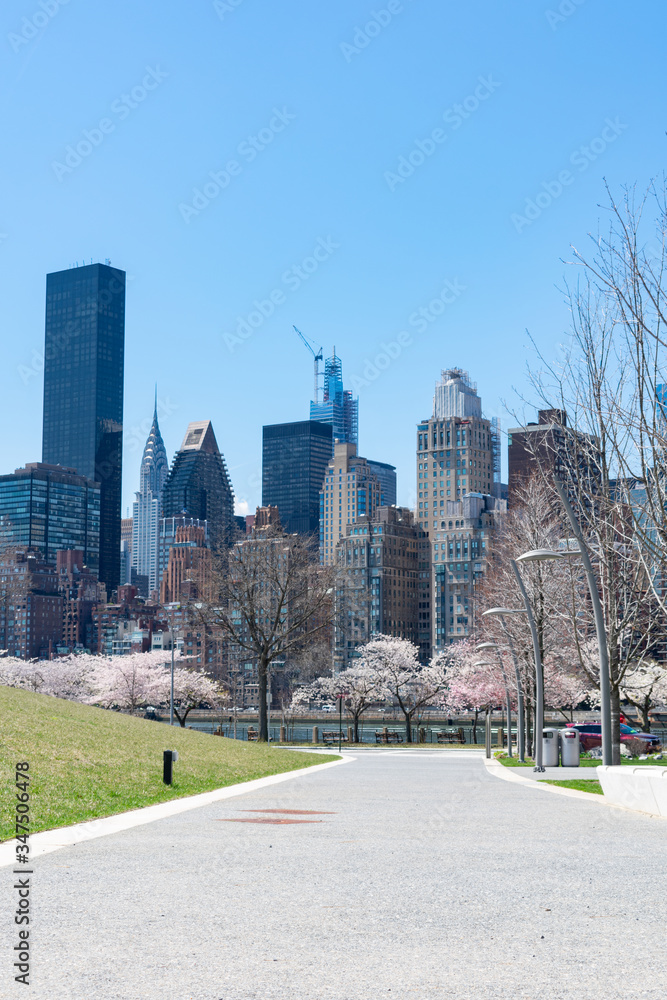 Empty Walkway on Roosevelt Island during Spring with the Manhattan Skyline of New York City Empty Walkway on Roosevelt Island during Spring with the Manhattan Skyline of New York City