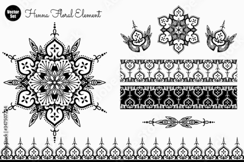 Vector set of henna floral elements. Ethnic Mandala ornament. Vector Henna tattoo style. Can be used for textile, greeting card, coloring book, phone case print.