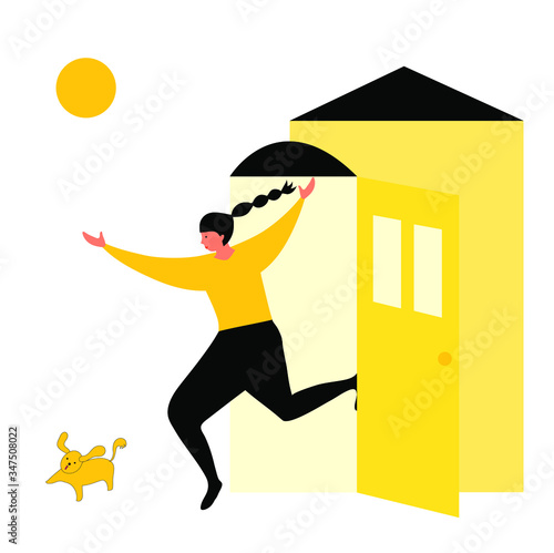 Young woman going out with her dog. She is finally able to go outside. Coronavirus (Covid-19) measures easing.(Concept illustration). The coronavirus era is over. Coronavirus loosening in the world.