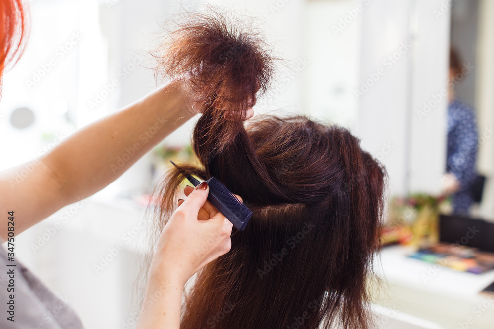 Naklejka premium Stylist align the customer's hair with straightener