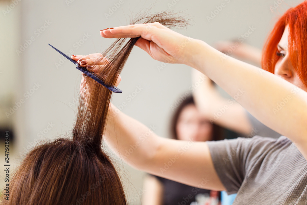 Fototapeta premium Stylist align the customer's hair with straightener