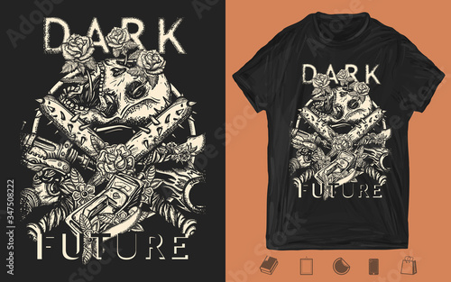 Post apocalypse art. Dark future slogan. Skulls, roses, baseball bats with spikes, post apocalyptic weapons. One color creative print for dark clothes. T-shirt design. Template for posters, textiles