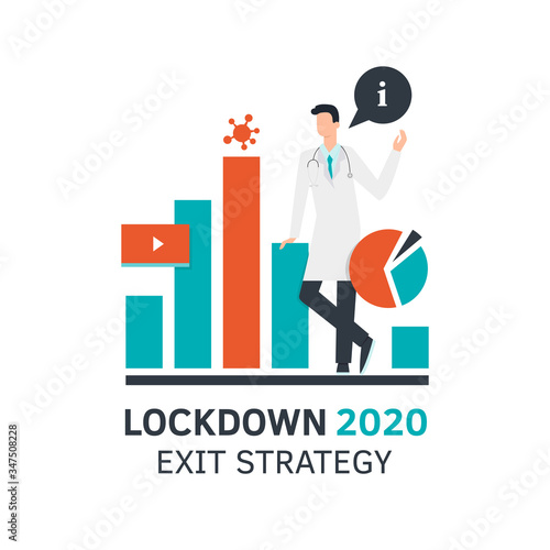 Lockdown exit strategy concept. Quarantine, lifting lockdown plan. Vector flat style illustration. Coronavirus, Covid, economy recovery. Infographic diagram. Stock market, doctor. Financial outbreak