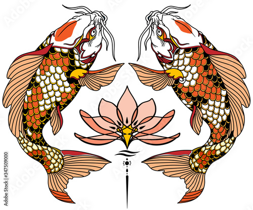 two Japanese koi carp fishes and water lily flower. Tattoo. Vector illustration