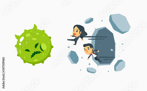 businessman and businesswoman knock down a green virus. Isolated Vector Illustration