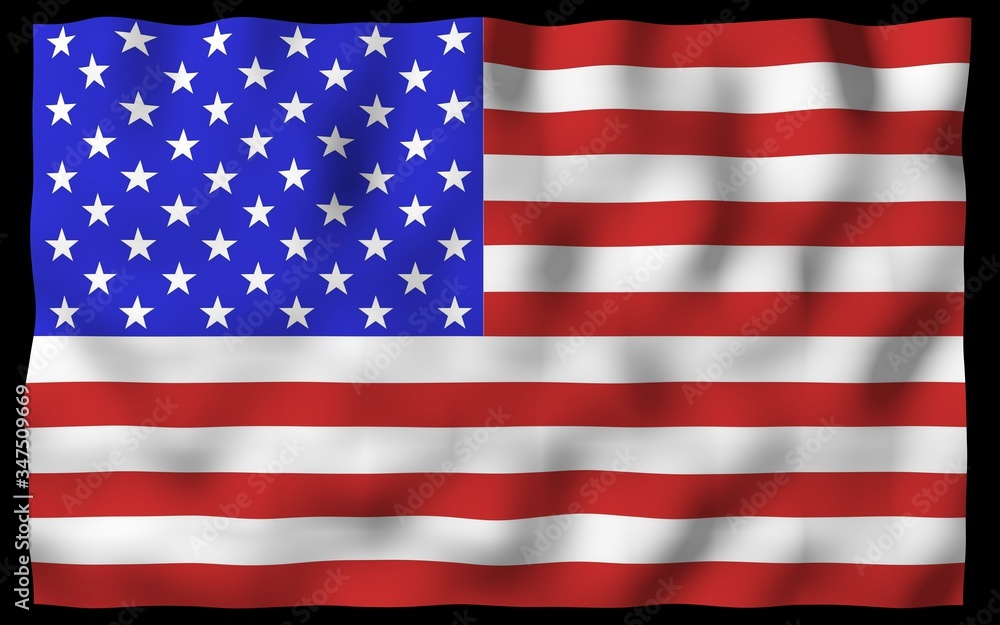 Naklejka premium Waving flag of the United States of America on a dark background. Stars and Stripes. State symbol of the USA. 3D illustration