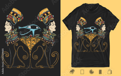 Ancient Egypt. Two black woman cats and sacred eye of god Horus. Queen Nefertiti. Princess Cleopatra. Creative print for dark clothes. T-shirt design. Template for posters, textiles, apparels