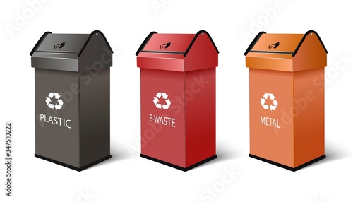 3d realistic vector recycling bins for plastic, e-waste and metal products, with recycling symbol on top in black, red and orange color. Isolated on white background.