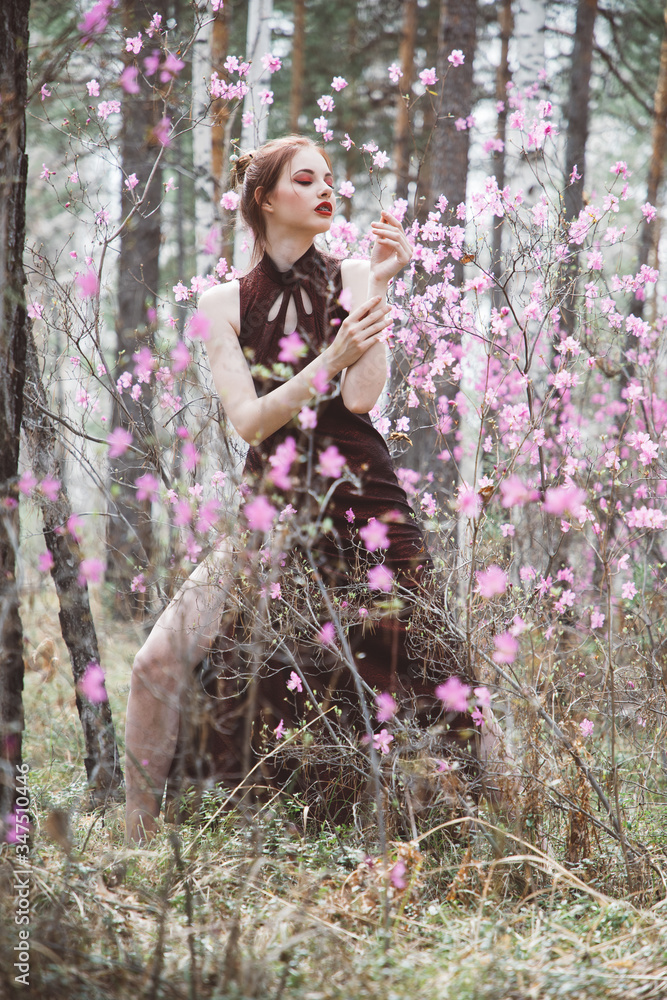 A girl dressed in Japanese style in a flowering forest among pink flowers A girl dressed in Japanese style in a flowering forest among pink flowers
