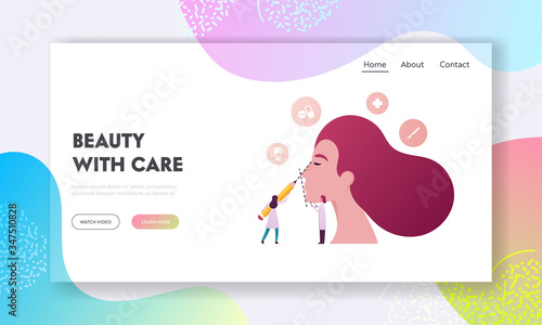Cosmetology Landing Page Template. Doctor Surgeon Character Examining Patient Nose before Rhinoplasty Surgery Drawing Line on Woman Face. Medical Aid, Healthcare. Cartoon People Vector Illustration