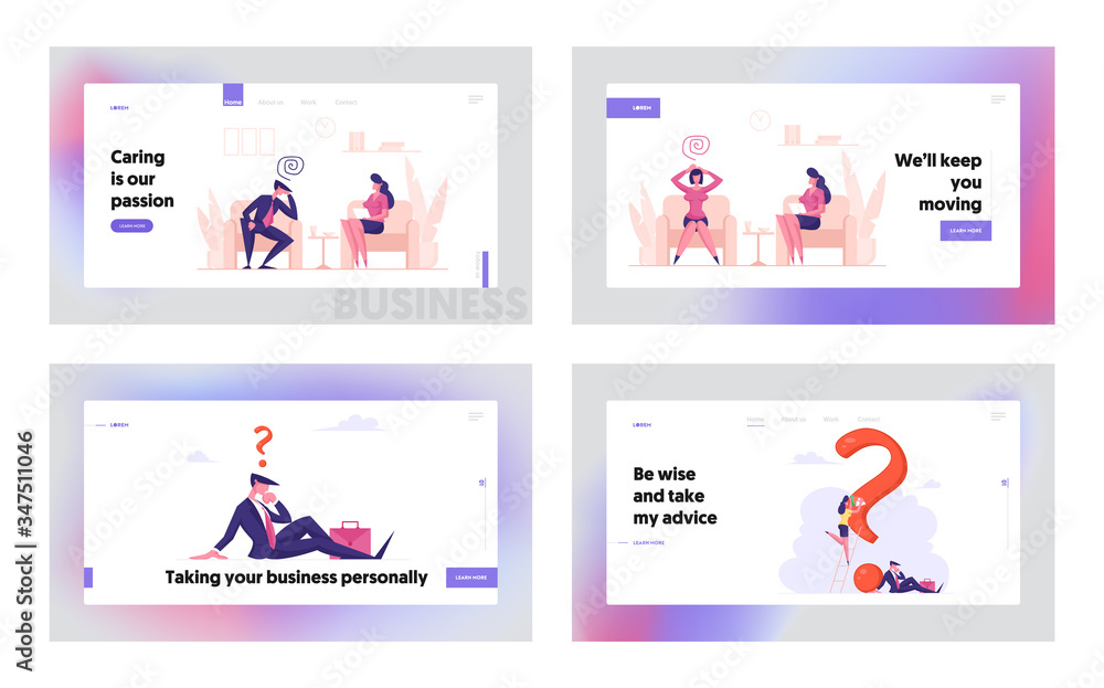 Plakat Psychological Consultation, Doubts and Questions Landing Page Template Set. Doctor Psychologist Talking with Patient of Mind Problem. Tiny Characters at Huge Question Mark. Cartoon Vector Illustration