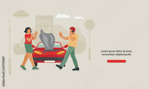 Website banner for car repair, insurance and roadside assistance service with people who call clients support center after car accident. Auto roadside assistance and towing. Flat vector illustration.